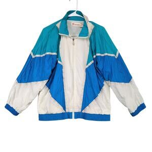Vtg 80s G Casual Womens S Full Zip Windbreaker Track Jacket Colorblock Gold Trim